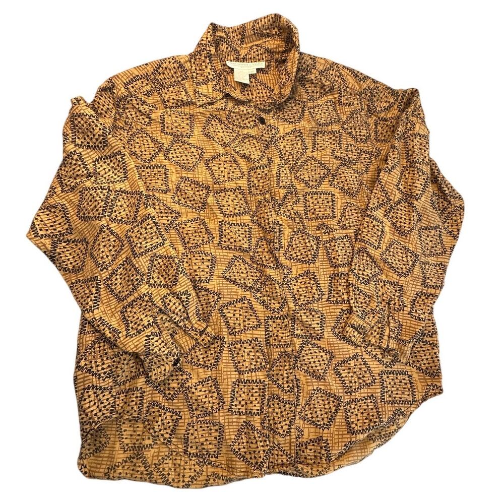 Preston & York Silk Button Up Blouse Geometric Tan Medium